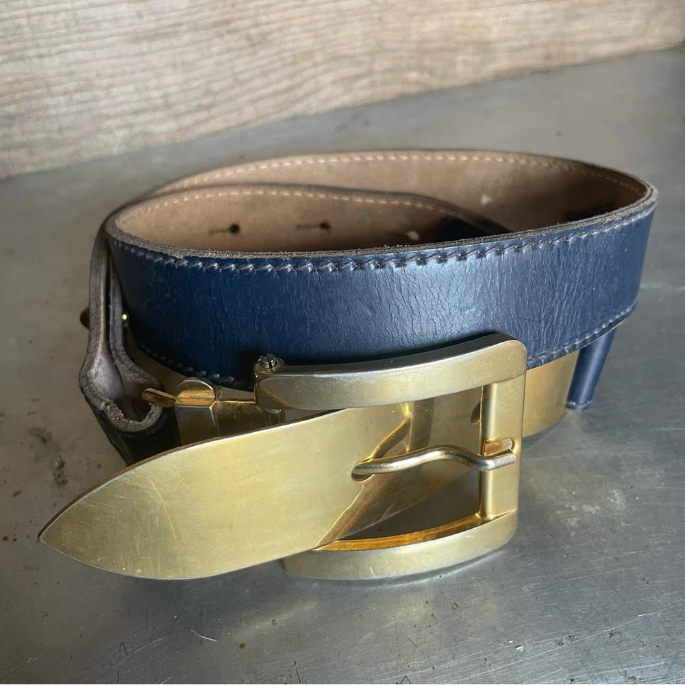 Vintage Anne Klein 70s Saks Fifth Avenue Navy Leather Belt Gold Tone Buckle Med